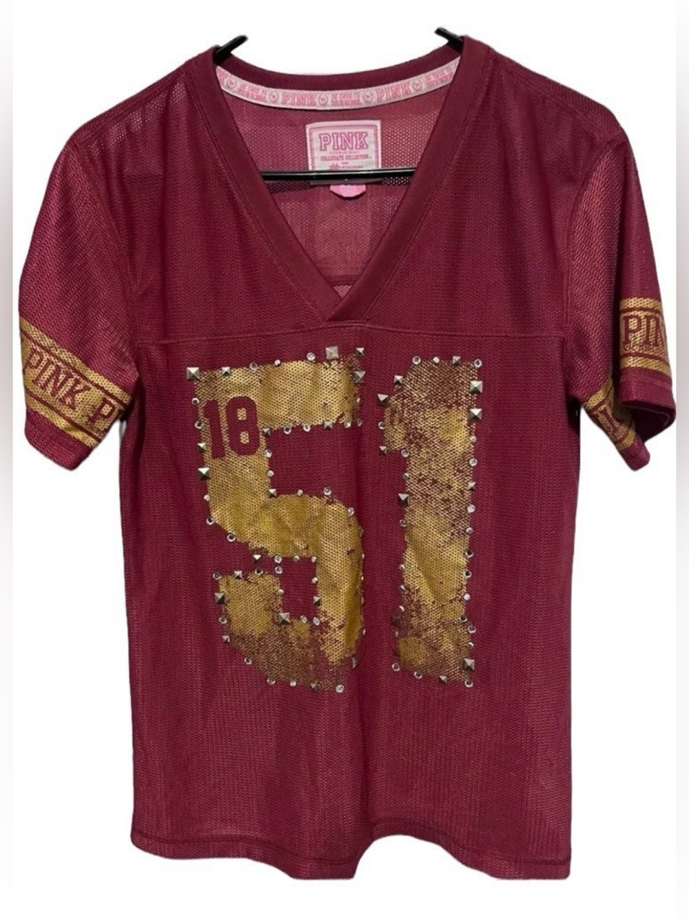 PINK Victoria's Secret burgundy & Gold Girls' Studded Football Jersey